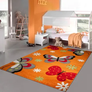 Teppich-Traum Bunter Schmetterlings-Teppich für Kinderzimmer ‒ Allergiker geeignet ‒ orange rot, 120 x 170 cm