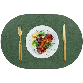 Lirzxin Platzsets 6er Set, Oval Tischset Abwaschbar Hitzebeständig rutschfest Doppelseitigen Uni Rindsleder Textur PVC Leder Platz-Matten für Küche, Grün Grau, 45x30CM
