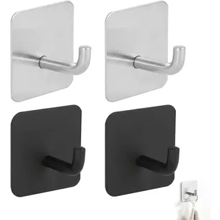 4er Set Kleiderhaken Kinder Selbstklebend - Edelstahl Kindergarderobe Haken in Silber & Schwarz - Wandhaken Kinderzimmer ohne Bohren für Jacken, Handtücher & Taschen