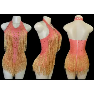 WBLSPA Glitzernder Body mit Fransen und Strasssteinen für Damen, Vightclub, Party, Tanzkostüm, Bühnenkleidung, sexy Quaste, Turnanzug, Performance-Kleidung, 7G-Orange-L-XL