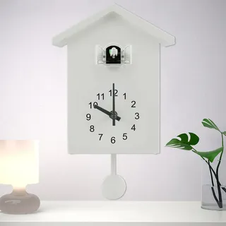 BAODBF Kuckucksuhr Modern mit Pendel und Chimer Cuckoo Clock(Weiß) | Minimalistische Pendeluhr für Wandkunst Wohnzimmer Küche Büro Vogelstimme Wanduhr ABS Kunststoffsensor 25x20 cm Geschenk