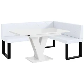 MEBLINI Eckbank für Esszimmer mit ausziehbarem Tisch - Küchenbank - Essecke - Sitzecke Küche - ERIC - U-Beine 128x168x87cm Rechts - Weiß Kunstleder/M Weiß Hochgl.