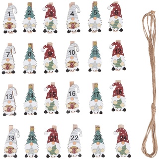 Rayher Adventskalenderzahlen Holz, Holz-Klammern mit Wichtel, 2,3 x 4,8 cm, Zahlen für Adventskalender 1-24, Wichtel auf Klammer, mit Kordel, 46717000