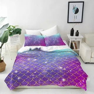 ANHOPE Bunte Meerjungfrau Fisch Skala Bettwäsche Set Weich Microfaser Bettbezüge mit Reißverschluss 2 Teilig Bettbezug 135x200 cm & Kissenbezug 80x80 cm Bettdeckenbezug Set für Kinder Mädchen