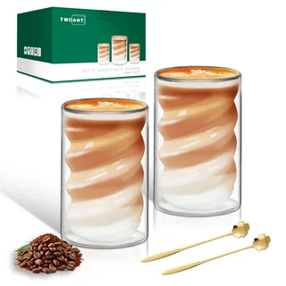 twoant Latte Macchiato Twill Doppelwandige Gläser 400ml Löffel Doppelwandige (2 x 400ml) Kaffeegläser Cappuccinotassen Glas Spiralförmige Thermogläser aus Borosilikatglas