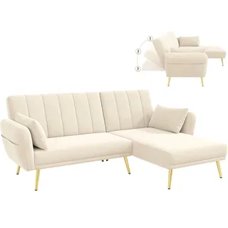 SeedWave Schlafsofa L-Förmiges 3 Sitzer Sofa, Verstellbare Rücklehne mit 3 Liegepositionen, Samt Klappsofa mit Seitentaschen, Recamiere auf Beidseiten installiert beige