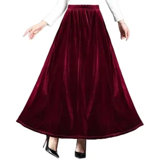 RANRAO Damen-Samt-Rock in A-Linie, lässig, hohe Taille, schmaler langer Rock für den täglichen Gebrauch, ausgestellter, fließender Party-Maxirock
