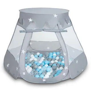 Selonis Baby Spielzelt Mit Plastikbällen Zelt 105X90cm/600 Bälle Plastikkugel Kinder, Grau:Grau-Weiß-Transparent-Babyblau