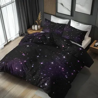 Generisch 155x220 Bettwäsche Sterne Bettbezug - 2tlg, 1 Kissenbezug 80x80, Sternenhimmel Galaxie Muster, Schlafzimmer Deko, Weiche Mikrofaser Wendebettwäsche mit Reißverschluss - JZ188
