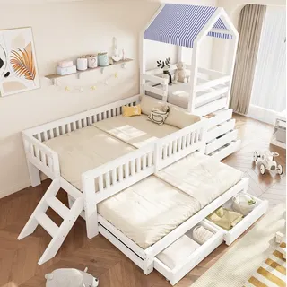 OKWISH Kinderbett Funktionsbett (Holzbett mit Ausziehbett 90x190 cm, Gästebett 90x200 cm, mit Seitentreppe, vierstufigem Schubladenblock und Stoffdach, Hausbett), Inklusive Matratze