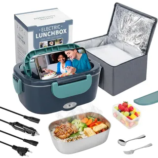 Carehabi Elektrische Lunchbox 60W 1,5L, Beheizbare Lunchbox 3-in-1 für Auto LKW und Büro 12V 24V 220V, Edelstahl Thermo Lunchbox mit Isoliertasche & Besteck, Warmhalten Behälter für Essen
