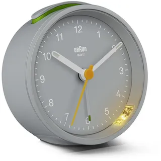 Braun Klassischer analoger Wecker mit Schlummerfunktion und Beleuchtung, leisem Quarzwerk, anschwellendem Alarm-Piepton in Grau, Modell BC12G.