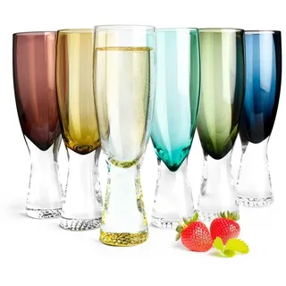 Sendez 6er Set bunte Sektgläser 200 ml auf Fuß – farbige Sektkelche für Champagner, Prosecco & Sekt – elegante Champagnergläser aus Glas – Trinkgläser Set Grün Grau Blau Gold Violett Orange