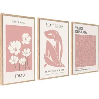 3er Set Poster 21x30cm Ohne Rahmen Wanddeko Wohnzimmer Ideal als Geschenk | Moderne Stilvolle Matisse Kusama Pastell Rosa Collagen mit passenden Bilder als Wanddeko, Modernes Design, Einfache Montage