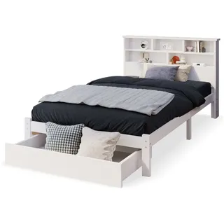 HAUSS SPOLE Holzbett Doppelbett Jugendliche und Erwachsene Kinderbett (Einzelbett oder Doppelbett, mit großer Schublade und Bücherregal Kopfteil), aus Massivholz Kiefer, 90×200cm oder 140×200cm, ohne Matratze weiß