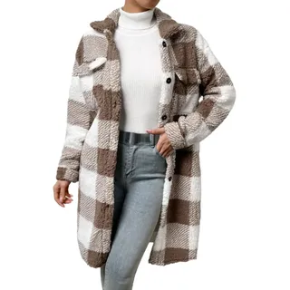 Trenchcoat Damen Teddy Fleece Karierte Jacke Revers Lang Wintermantel Übergangsjacke Elegante Knielang Winterjacke Wintercoat Button Down Karohemd Hemdjacke Parka Mantel Herbst Winter Fleecejacke - M