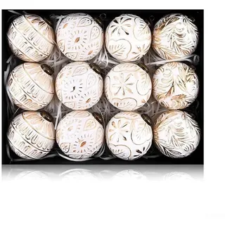 Vintage Weihnachtskugeln 12 Stück – Rustikaler Weihnachtsbaumschmuck in Gold und Weiß, 8 cm Kunststoff Weihnachtsschmuck für Weihnachtskranz und Heimdekoration (weiß)