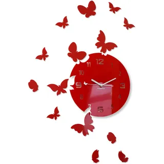 FLEXISTYLE z4g-3 Große Moderne Wanduhr Schmetterling rund 30cm, 15 Schmetterlinge, Wohnzimmer, Schlafzimmer, Kinderzimmer, Produkt in der EU hergestellt (Rot)
