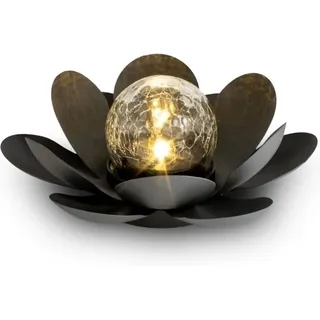 Led Solar Lotusblüte Schwarz Mit Crackleglas Kugel - 24 X 10 Cm - Garten Deko Kugelleuchte Im Blumen Design - Gartenkugel Dekoleuchte Lotus Solarlampe Bruchglas