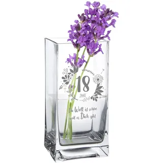 Casa Vivente Vase zum 18. Geburtstag mit süßer Gravur, Eckige Glasvase mit Alter und Spruch als Geburtstagsgeschenk für Frauen, Blumenvase für Moderne Deko
