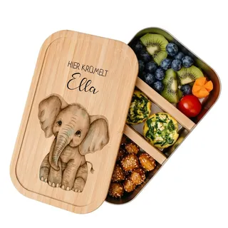 Manufaktur Liebevoll | Brotdose mit Namen für Kinder aus Edelstahl u. Bambus | Personalisiertes Geschenk u.nachhaltige Geschenkidee für Mädchen u. Jungen | Lunchbox (Motiv Elefant)