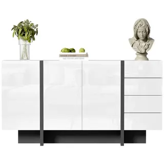 Merax Sideboard Hochglanz Kommode (1 St), Anrichte Kommode mit 2 Türen und 4 Schubladen, 150x40x80.5cm schwarz|weiß