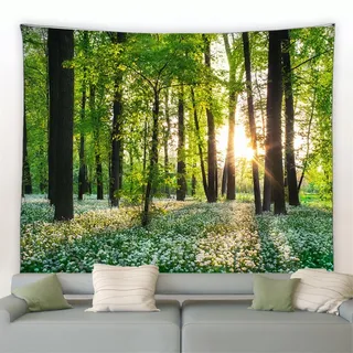 MEKPAM Frühling Park Landschaft Wandteppich Ländliche Natur Blume Pflanze Grün Wald Bäume Garten Wandbehang Stoff Wohnzimmer Schlafzimmer Dekor 150x130cm