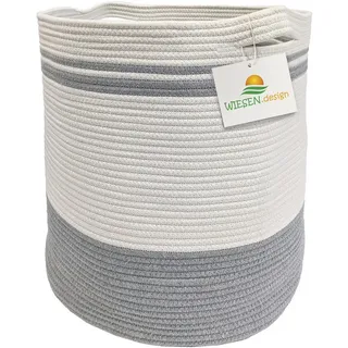 wiesen.design Korb Ben Ø41xH46 cm Grau/Weiß/61 L, Aufbewahrungskorb geflochten aus Baumwolle, Aufbewahrung Kinderzimmer Badezimmer, Korb geflochten, Faltbarer Wäschekorb, Wäschesammler