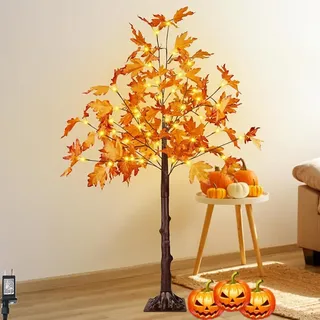 LOGT LED Ahorn Blätter Baumlicht Künstlich Baum Lampe Herbstdeko Baum Lichter mit Stecker und Kabel Stehlampen Innen und Außen Weihnachtsbaum mit Beleuchtung Warmweiß Lichtern Familienhof,120cm