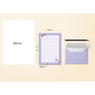 dabelino Liniertes Briefpapier-Set für Kinder: Einhorn (für Mädchen, rosa, lila)