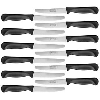 Rosenstein & Söhne Jausenmesser Set: Frühstücksmesser mit Wellenschliff aus rostfreiem Chromstahl, 12er-Set (Buttermesser, Tomatenmesser, Grill)