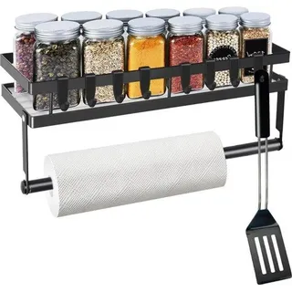 Famanu Gewürzregal Wand ohne Bohren - Metall mit Küchenrollenhalter und 4 abnehmbaren Haken, Schwarz