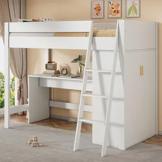 Kinder-Hochbett, multifunktional mit Leiter, Schreibtisch & Kleiderschrank, frei kombinierbar, ohne Matratze, Massivholz, weiß, 90x200 cm - Weiß