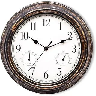 Gartenuhr Wetterfest, 30Cm Wasserdicht Wanduhr Mit Thermometer Und Hygrometer, R