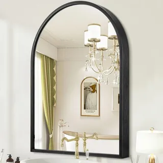HLFMVWE Bogen Wandspiegel 70 x 50 cm, Große Schwarze Badezimmer Spiegel Metallrahmen Spiegel für Wand, Dekoration Eitelkeit Schlafzimmer Eingang Wohnzimmer