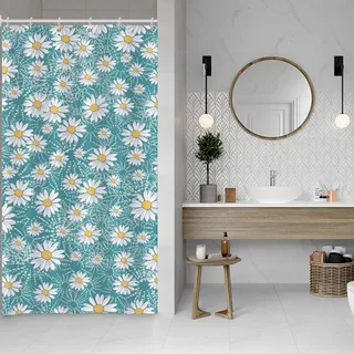 ASDCXZ Blumen Duschvorhang 120x200 cm, Frühling Sommer Weiß Gelb Daisy Blumen Blau Bad Waschbar Schmal Duschvorhänge Polyester Textil Wasserdicht Duschvorhang für Badewanne mit 8 Haken