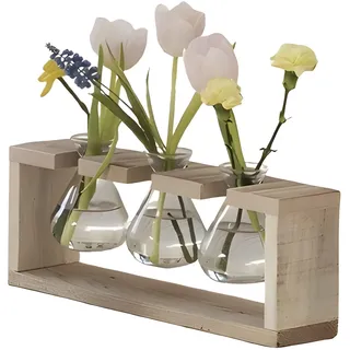 Dekoleidenschaft Vasenhalter Wood aus recyceltem Holz mit 3 Glasvasen, Tischdeko, Vasenständer mit kleinen Blumenvasen, Tischvase, Glaskolben, Vasen-Set, Minivasen
