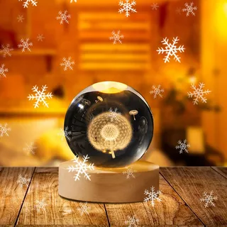 Weihnachtsdeko Kristall Weihnachtskugeln Mit LED Kristallkugel Mit Holz Deko Figuren, Schneemann Beleuchtet Personalisiertes Geschenk Für Weihnachten Deko, Frauen, Kinder, Geburtstag (Pusteblume,8cm)