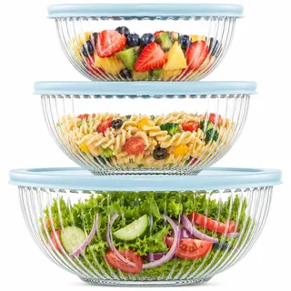 Luvan Glas Rührschüssel mit Deckel 3er-Set (3.5 L,2 L,1 L), Große Rund Salatschüssel für die Küche, ideal zum Aufbewahren von Lebensmitteln, Kochen,Backen,Vorbereiten, Spülmaschinenfest