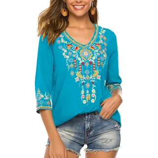drakloak Bluse Stickerei Damen Boho Oberteile Tunika Folklore Hippie Blusen Bohemian Kleidung(054 BL S) - S