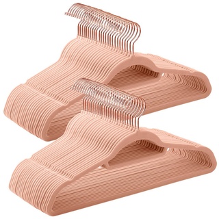 Songmics Kleiderbügel Samt, 50er Set, Bügel, rutschfest, kleine Stange für Krawatten, 360° drehbarer Haken, 0,6 cm dick, platzsparend, 43,5 cm lang, für Mäntel, Hosen, Roségold-Hellrosa CRF21PK50