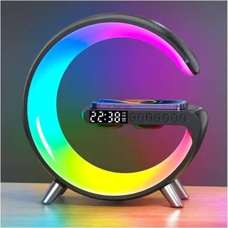 Neue Intelligente LED Tischlampe, 4 in 1 Wireless Charger Nachtlicht Lampe, App Steuerung Bluetooth Lautsprecher Wecker, Home Office Studie Nachttischlampe (Schwarz)