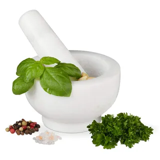 Relaxdays Marmor Mörser mit Stößel Ø 10 cm 120 ml weiß