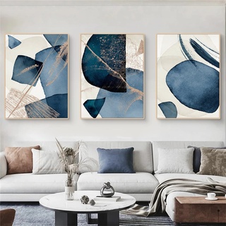 Sarah Duke Poster Wohnzimmer, 3er Set Abstrakt Gold Blau Geometrie Kunstposter, Stilvolle Nordic Leinwand Wandbilder, Ohne Rahmen Wanddeko Bilder Set (50 x 70 cm)