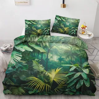 Generisch Pflanzen Tropische Bettwäsche 135x200 cm, Bettbezug Dschungel Grün Blätter 2teilig, 1 Wendebettwäsche + 1 Kissenbezug 80x80 cm Weich Mikrofaser, Schlafzimmer Deko & Geschenk S-7