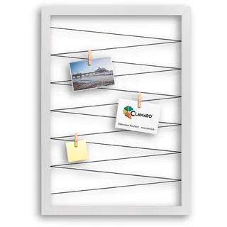 CLAMARO Bilderrahmen Collage Flex, 70 x 90 cm, Weiß Matt, Wandaufhänger | MDF-Holzrahmen vollummantelt, vorgespannte Gummileine, Echtholz-Fotoklammern, für Fotos, Postkarten, Notizen
