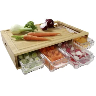 HeRo24 Bambus Schneidebrett mit 4 Auffangschalen – großes Küchenbrett aus Bambus, messerschonend & hygienisch – Schneidbrett mit integrierten Behältern für Gemüse, Fleisch & Meal Prep