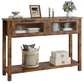 GarveeHome Konsolentisch, Beistelltisch, Schmaler Sofatisch mit 2 Schubladen und Einer Ablage für Flur, Wohnzimmer, Landhausstil, 100 x 30 x 80 cm, Vintage