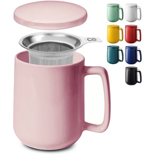 Cosumy Teeglas Teetasse mit Sieb und Deckel 500ml - Jumbotasse, Keramik, Hält Lange warm - 500 ml XXL Groß - Spülmaschinenfest rosa