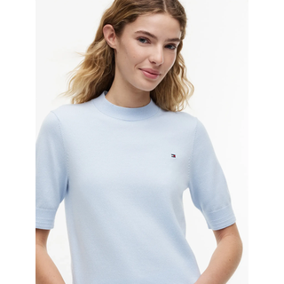 Kurzarmpullover TOMMY HILFIGER "CO JERSEY FINE GG C-NK SS SWT", Damen, Gr. M (40), blau (breezy blau), Feinstrick, Obermaterial: 67% Baumwolle, 33% Polyamid, unifarben, regular fit normal, Rundhals, eingesetzt gerader Abschluss, Pullover, Baumwollmischung, Regular Fit